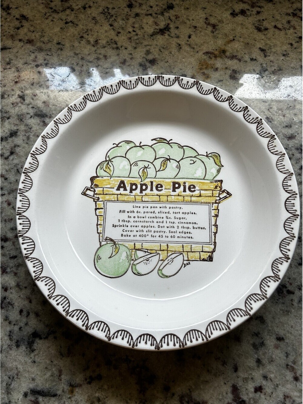 Vintage 10.5" APPLE PIE Recipe Pie Dish Plate Green Apples In Basket Ceramic